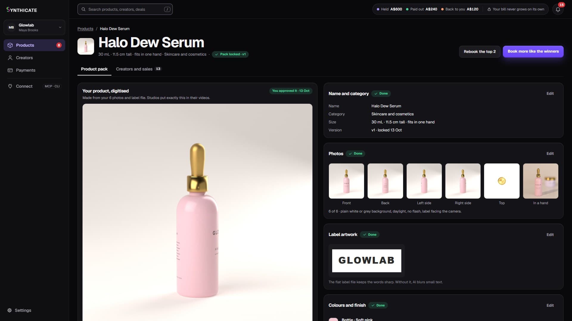 A product’s pack: its photos, label, colours and the brief