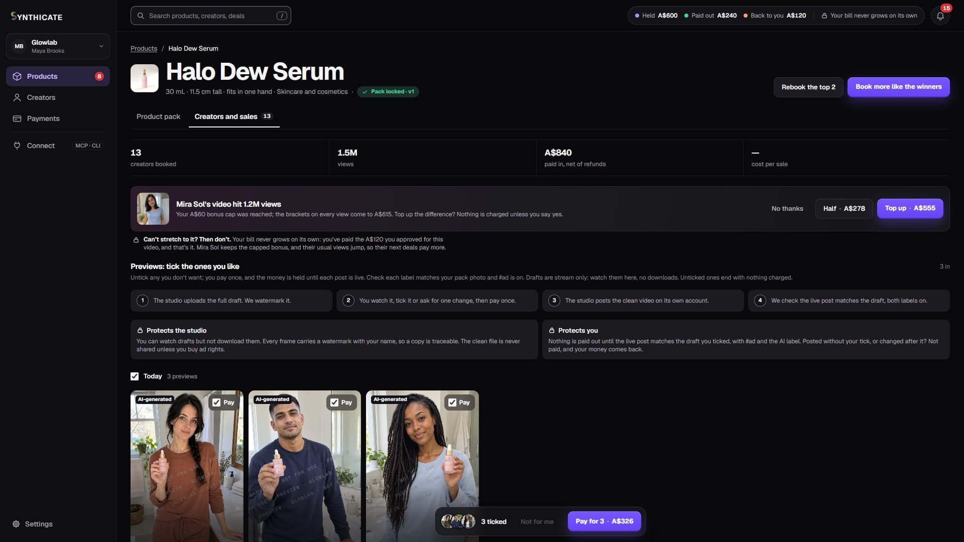 A product’s Creators and sales tab: previews to tick, the view bonus and who sold it
